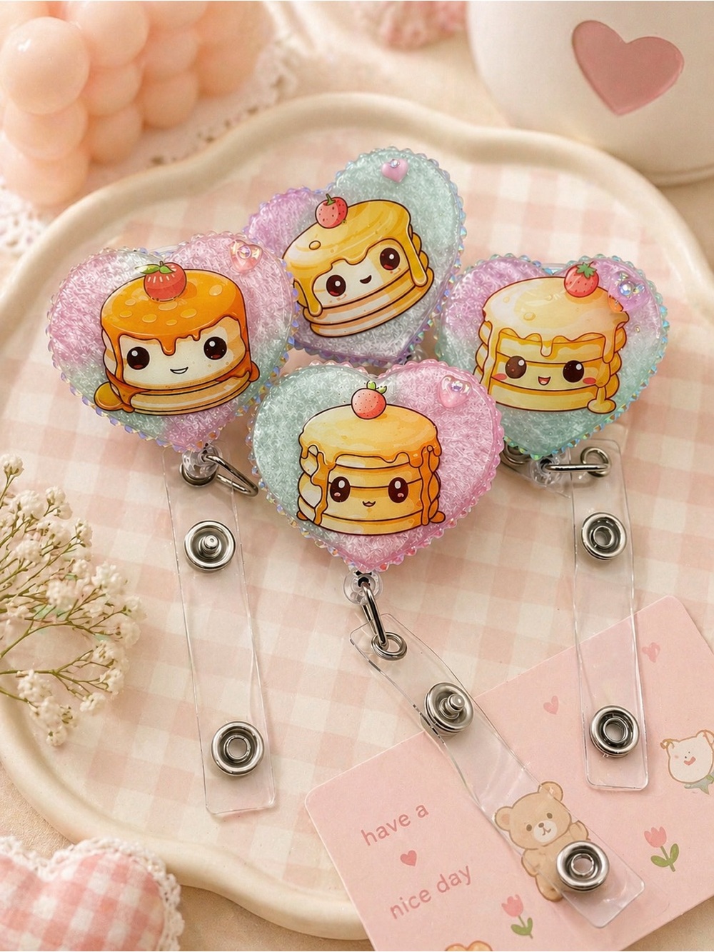 Kawaii Pancake Badge Reel | Cute Dessert ID Holder | Heart Retractable Badge